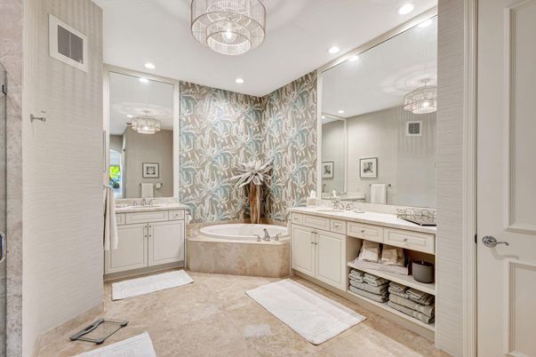 Bathroom, Chandelier, Dual Sink Vanities, Interior, Recessed Lighting