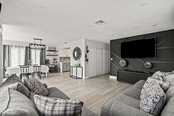 Dining room, Interior, Kitchen, Living room, Pendant Lights, Wood Texture Flooring
