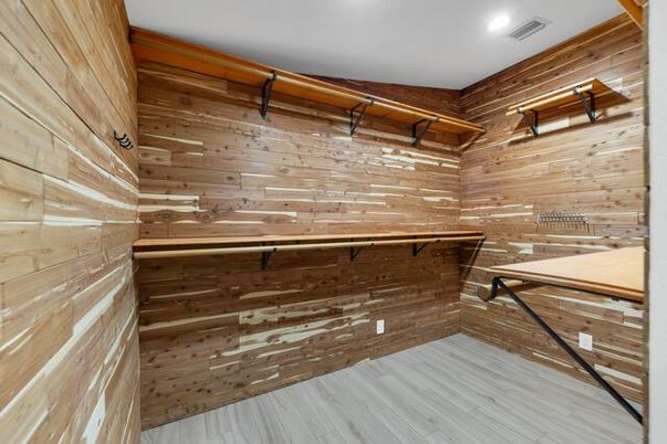 Interior, Recessed Lighting, Wood Texture Flooring, Wooden Walls