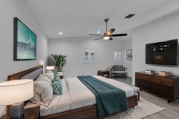 Bedroom, Interior, Recessed Lighting, Wood Texture Flooring