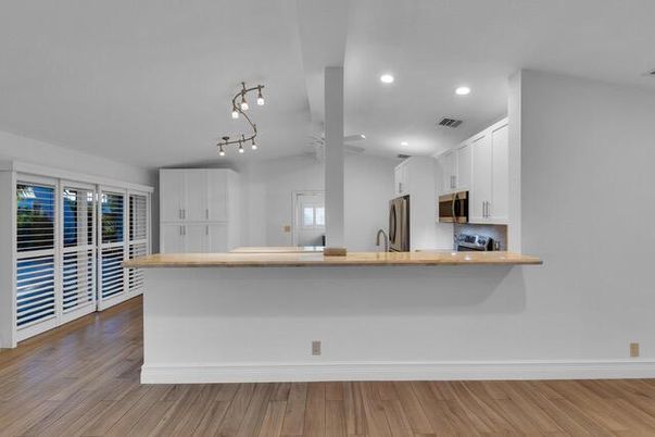 Interior, Kitchen, Recessed Lighting, Wood Texture Flooring