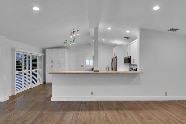 Interior, Kitchen, Recessed Lighting, Wood Texture Flooring
