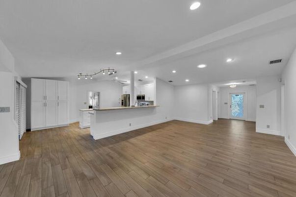 Empty room, Interior, Kitchen, Recessed Lighting, Wood Texture Flooring