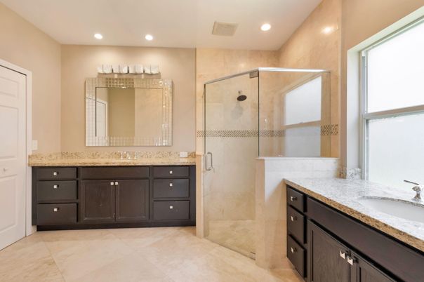 Bathroom, Dual Sink Vanities, Glass Shower, Interior, Recessed Lighting