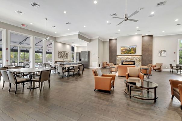 Dining room, Fireplace, Interior, Living room, Pendant Lights, Recessed Lighting, Wood Texture Flooring