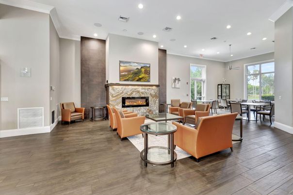 Dining room, Fireplace, Interior, Living room, Pendant Lights, Recessed Lighting, Wood Texture Flooring