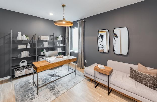 Home Office, Interior, Pendant Lights, Recessed Lighting, Wood Texture Flooring