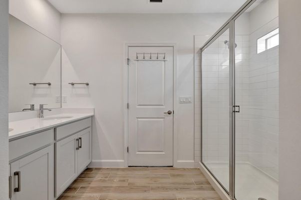 Bathroom, Dual Sink Vanities, Glass Shower, Interior, Wood Texture Flooring