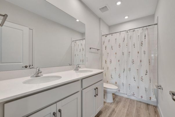 Bathroom, Dual Sink Vanities, Interior, Recessed Lighting, Wood Texture Flooring