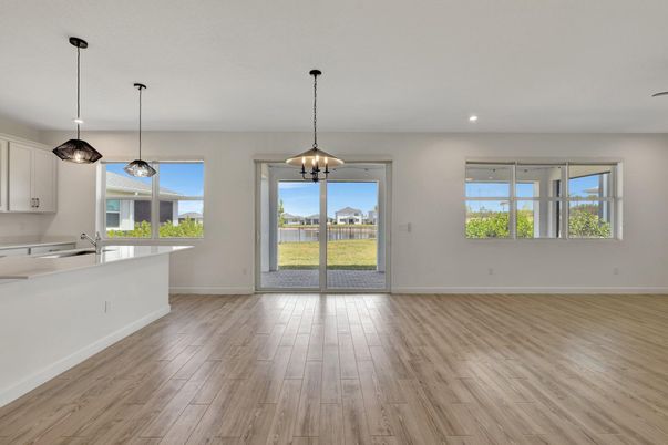 Empty room, Interior, Kitchen, Pendant Lights, Recessed Lighting, Wood Texture Flooring