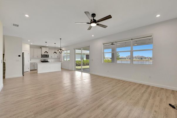 Empty room, Interior, Kitchen, Pendant Lights, Recessed Lighting, Wood Texture Flooring