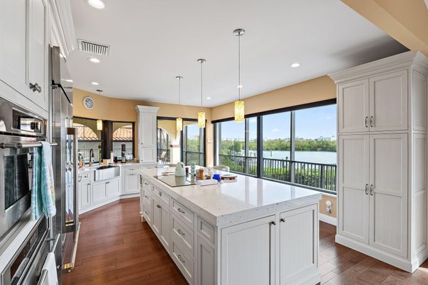Interior, Kitchen, Pendant Lights, Recessed Lighting, Stainless Steel Appliances, Water, Wood Texture Flooring