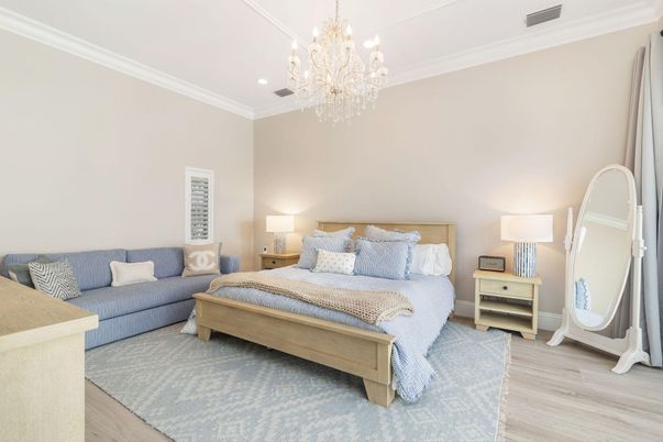 Bedroom, Chandelier, Interior, Recessed Lighting, Wood Texture Flooring