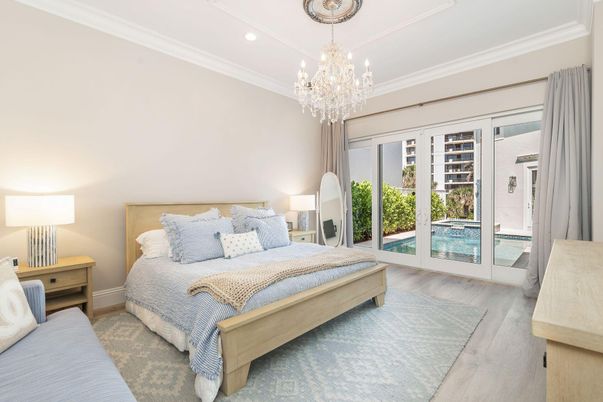 Bedroom, Chandelier, Interior, Recessed Lighting, Wood Texture Flooring