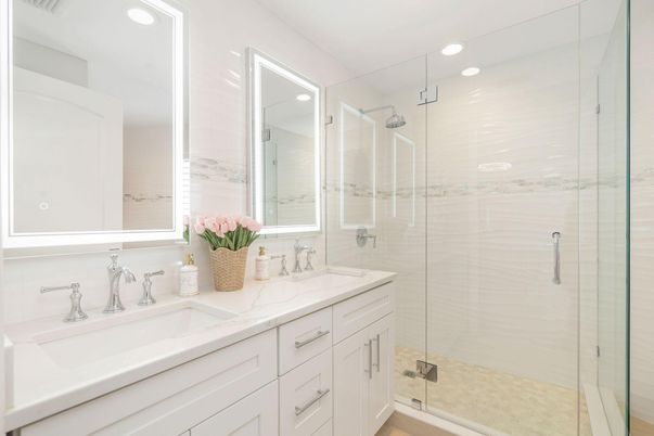 Bathroom, Dual Sink Vanities, Glass Shower, Interior, Recessed Lighting