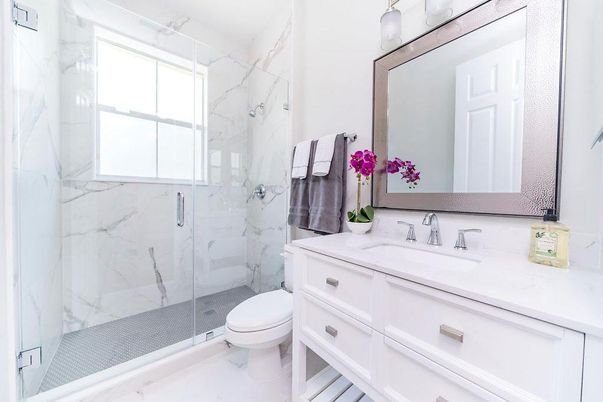 Bathroom, Glass Shower, Interior, Marble Walls