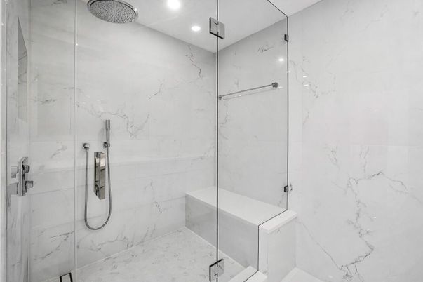 Bathroom, Glass Shower, Interior, Marble Walls, Recessed Lighting