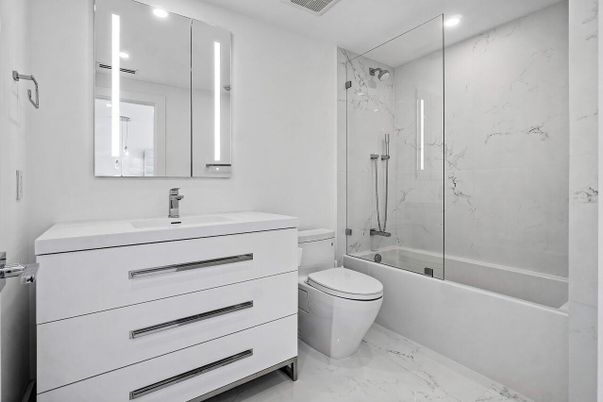 Bathroom, Glass Shower, Interior, Marble, Marble Walls, Recessed Lighting
