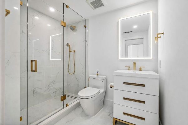 Bathroom, Glass Shower, Interior, Marble, Marble Walls, Recessed Lighting
