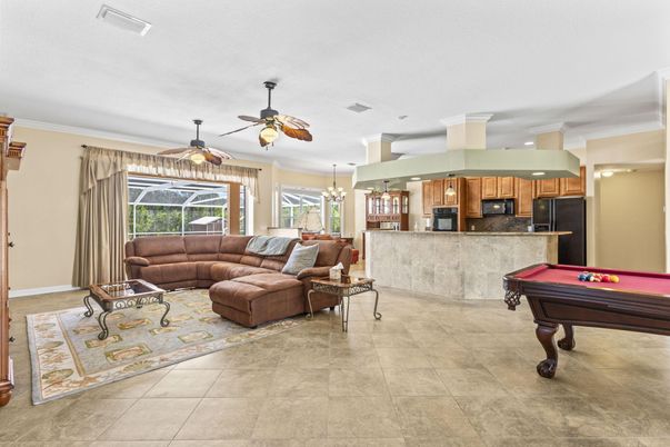 Billiard Table, Game Room, Interior, Kitchen, Living room, Recessed Lighting, Stainless Steel Appliances