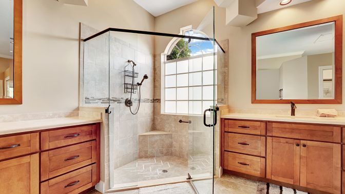 Bathroom, Glass Shower, Interior, Recessed Lighting