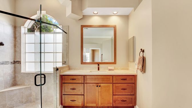 Bathroom, Glass Shower, Interior, Recessed Lighting
