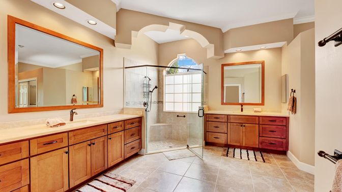Bathroom, Dual Sink Vanities, Glass Shower, Interior, Recessed Lighting