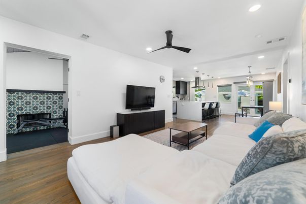 Bedroom, Fireplace, Interior, Kitchen, Living room, Pendant Lights, Recessed Lighting, Wood Texture Flooring
