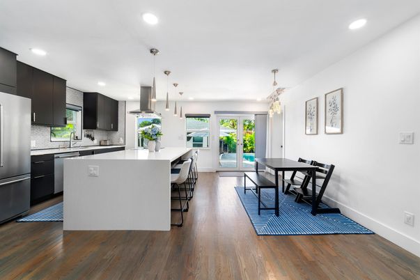 Chandelier, Interior, Kitchen, Pendant Lights, Recessed Lighting, Wood Texture Flooring