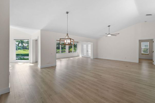 Empty room, Interior, Pendant Lights, Wood Texture Flooring