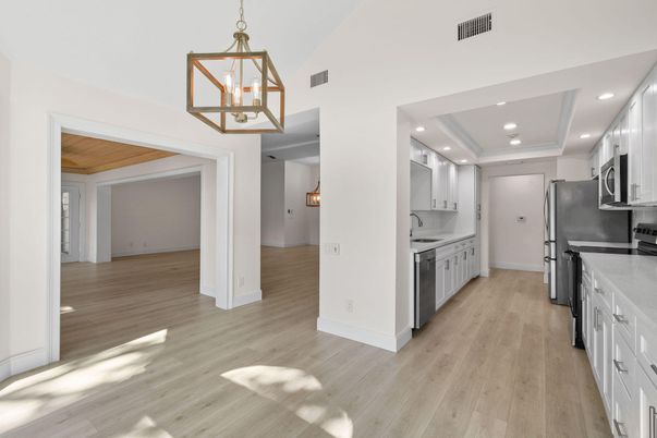 Interior, Kitchen, Pendant Lights, Recessed Lighting, Wood Texture Flooring
