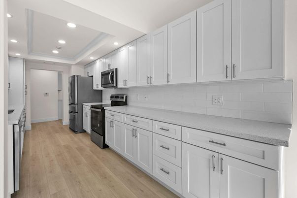 Interior, Kitchen, Recessed Lighting, Stainless Steel Appliances, Wood Texture Flooring