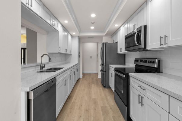 Interior, Kitchen, Recessed Lighting, Stainless Steel Appliances, Wood Texture Flooring
