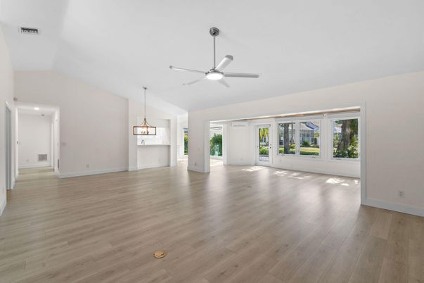 Empty room, Interior, Pendant Lights, Recessed Lighting, Wood Texture Flooring