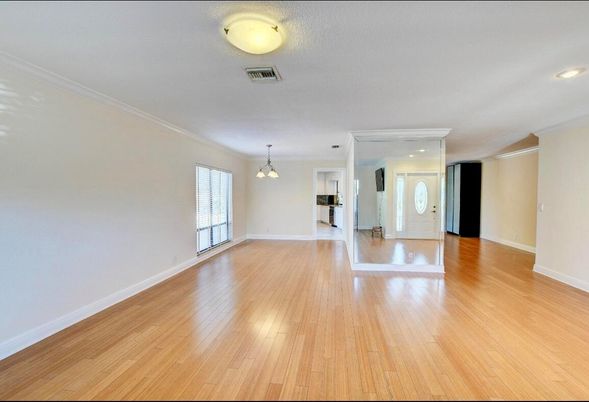 Empty room, Interior, Pendant Lights, Recessed Lighting, Wood Texture Flooring