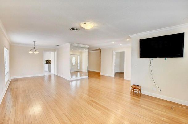 Empty room, Interior, Pendant Lights, Recessed Lighting, Wood Texture Flooring