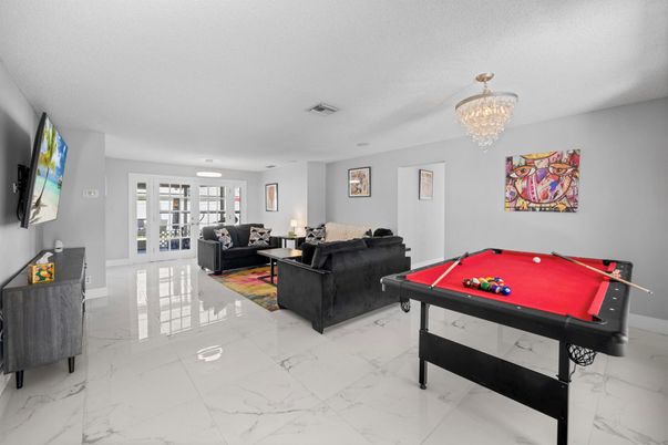 Billiard Table, Chandelier, Game Room, Interior, Living room, Marble