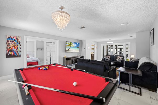 Billiard Table, Chandelier, Game Room, Interior, Living room, Recessed Lighting