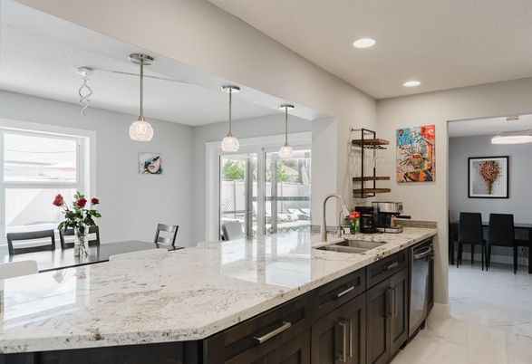 Interior, Kitchen, Marble, Pendant Lights, Recessed Lighting, Stainless Steel Appliances
