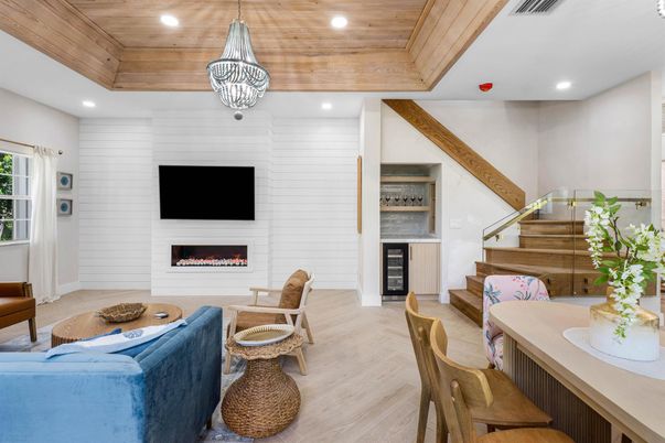 Fireplace, Interior, Living room, Pendant Lights, Recessed Lighting, Wooden Ceilings, Wood Texture Flooring