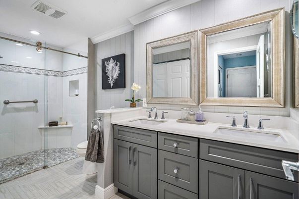 Bathroom, Dual Sink Vanities, Glass Shower, Interior, Recessed Lighting, Wood Texture Flooring