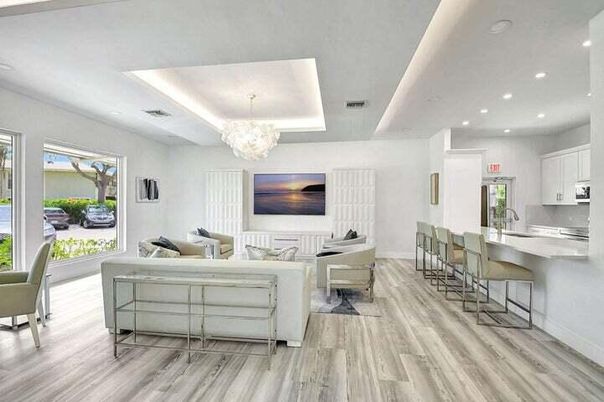 Chandelier, Interior, Kitchen, Living room, Recessed Lighting, Wood Texture Flooring