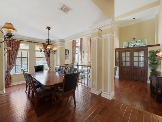 Chandelier, Dining room, Interior, Pendant Lights, Wood Texture Flooring