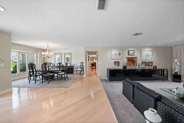 Chandelier, Dining room, Fireplace, Interior, Living room, Recessed Lighting, Wood Texture Flooring