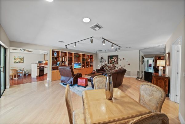 Dining room, Interior, Living room, Recessed Lighting, Wood Texture Flooring