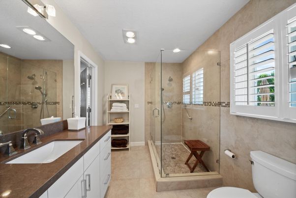 Bathroom, Dual Sink Vanities, Glass Shower, Interior, Recessed Lighting