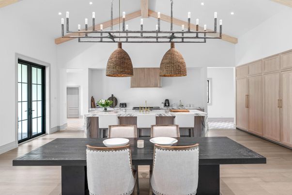 Dining room, Interior, Kitchen, Pendant Lights, Recessed Lighting, Wooden Beams, Wood Texture Flooring