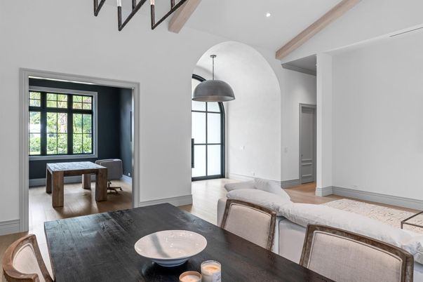 Dining room, Interior, Pendant Lights, Recessed Lighting, Wood Texture Flooring