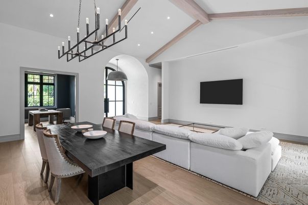 Chandelier, Dining room, Interior, Living room, Pendant Lights, Recessed Lighting, Wooden Beams, Wood Texture Flooring