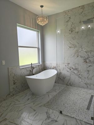Bathroom, Chandelier, Free Standing Baths, Interior, Marble, Marble Walls